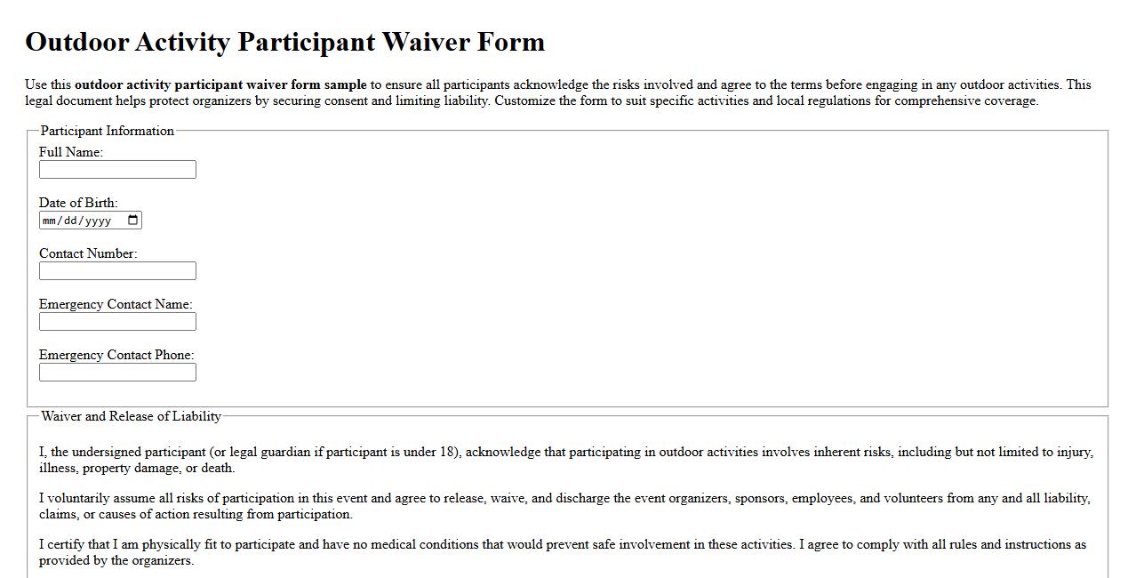 outdoor activity participant waiver form sample image preview