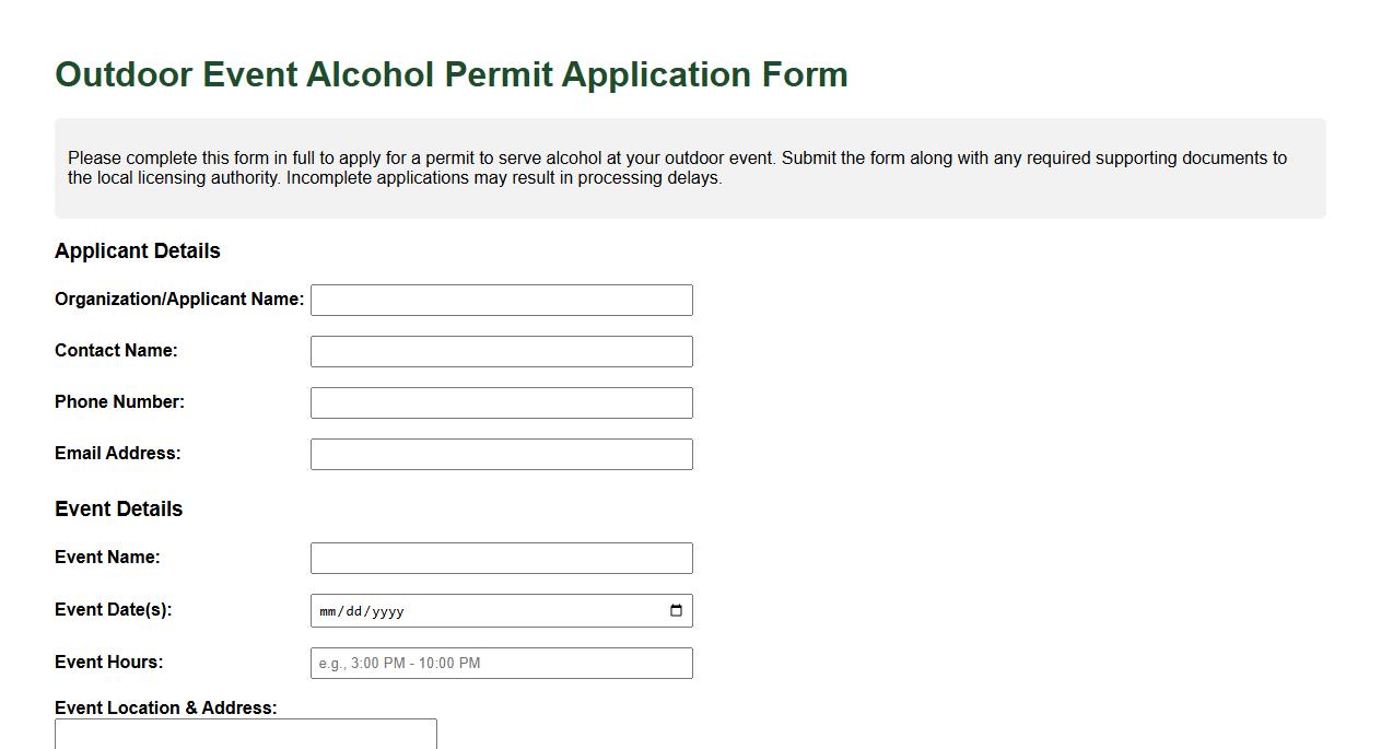 outdoor event alcohol permit application form sample image preview