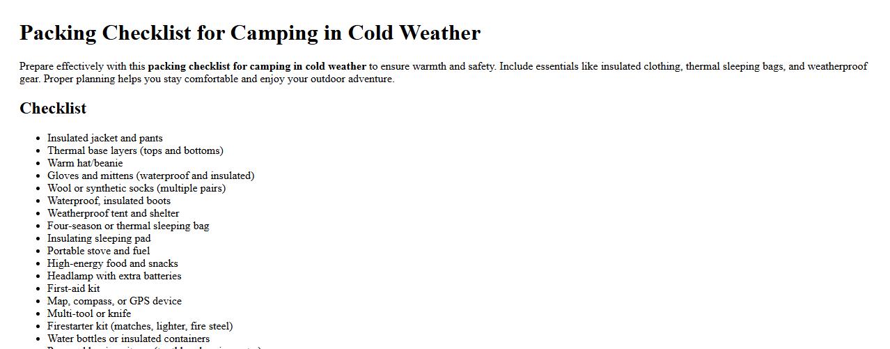 Packing checklist for camping in cold weather image preview