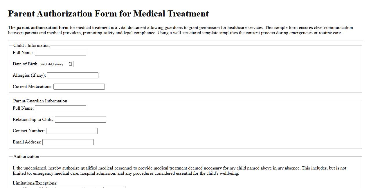 Parent authorization form sample for medical treatment image preview