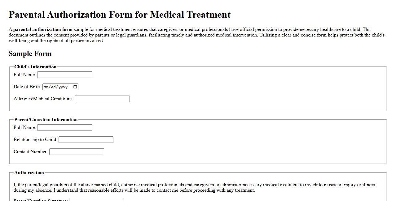 Parental authorization form sample for medical treatment image preview