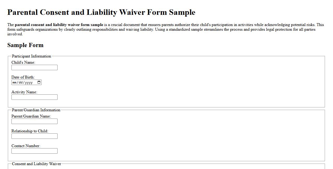 Parental consent and liability waiver form sample image preview