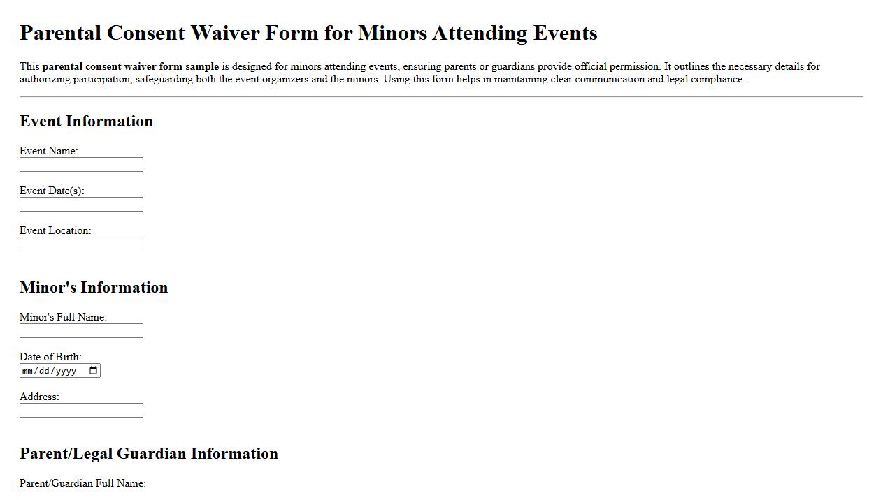 parental consent waiver form sample for minors attending events image preview