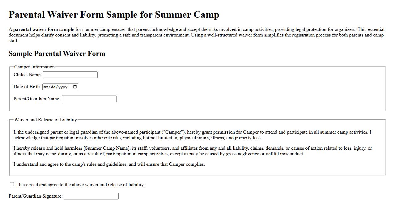 Parental waiver form sample for summer camp image preview