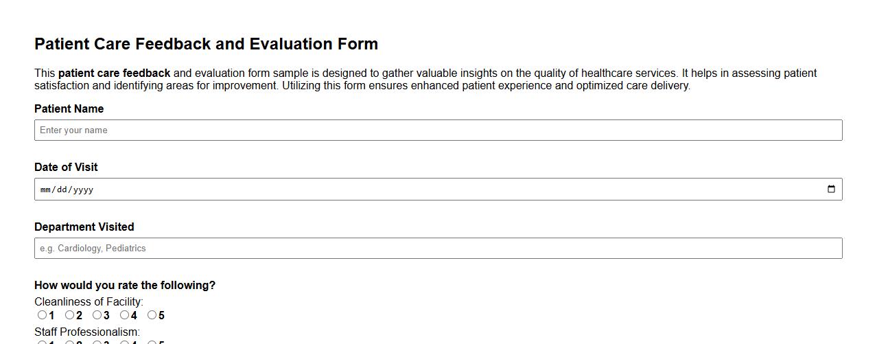 Patient care feedback and evaluation form sample image preview