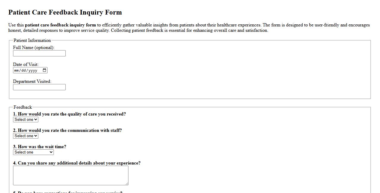 patient care feedback inquiry form sample image preview