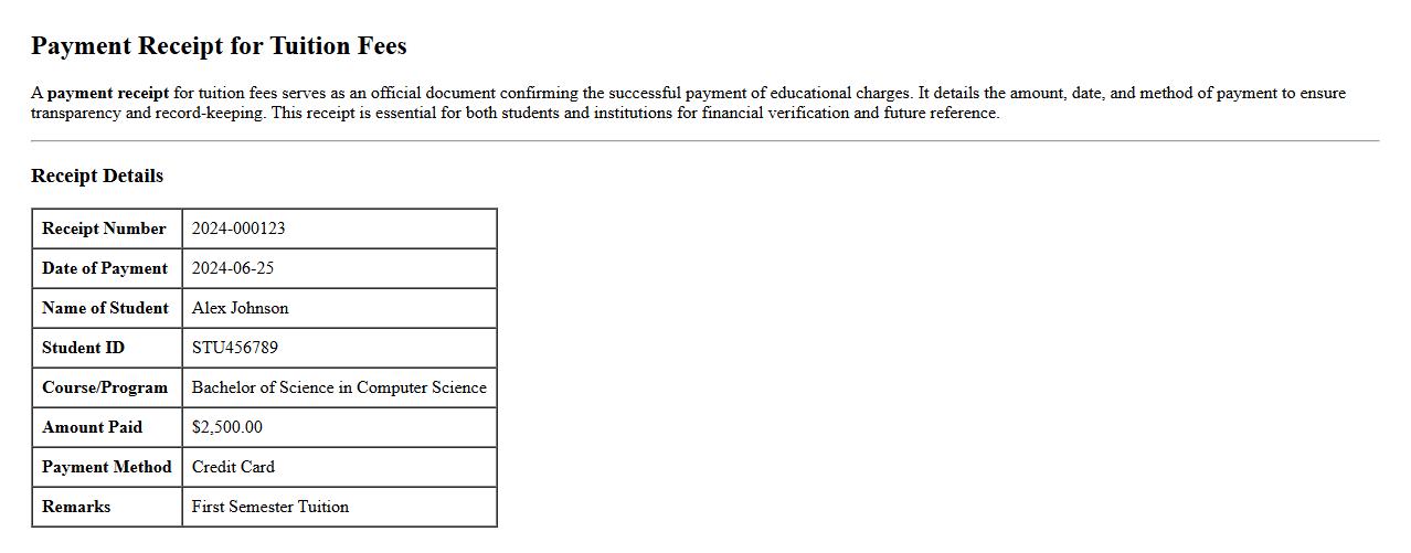 Payment receipt for tuition fees image preview