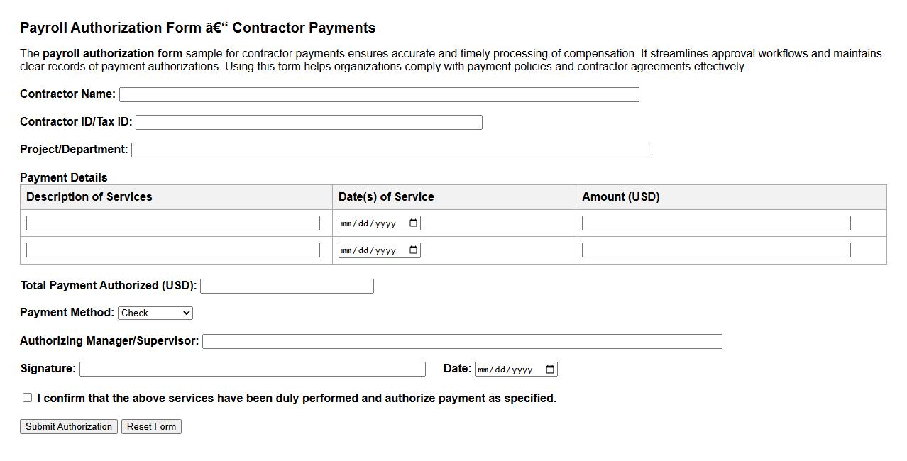 payroll authorization form sample for contractor payments image preview