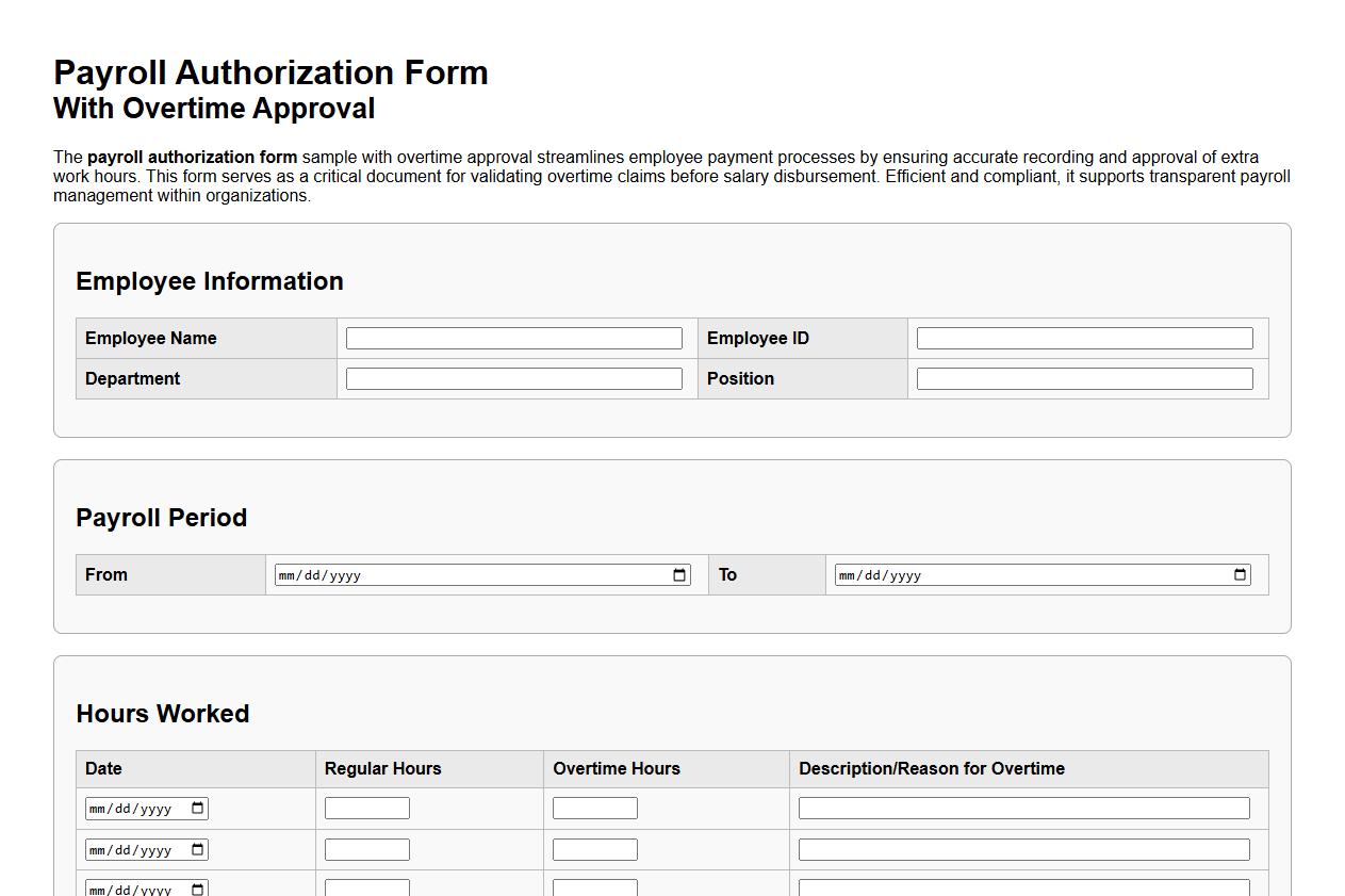 payroll authorization form sample with overtime approval image preview