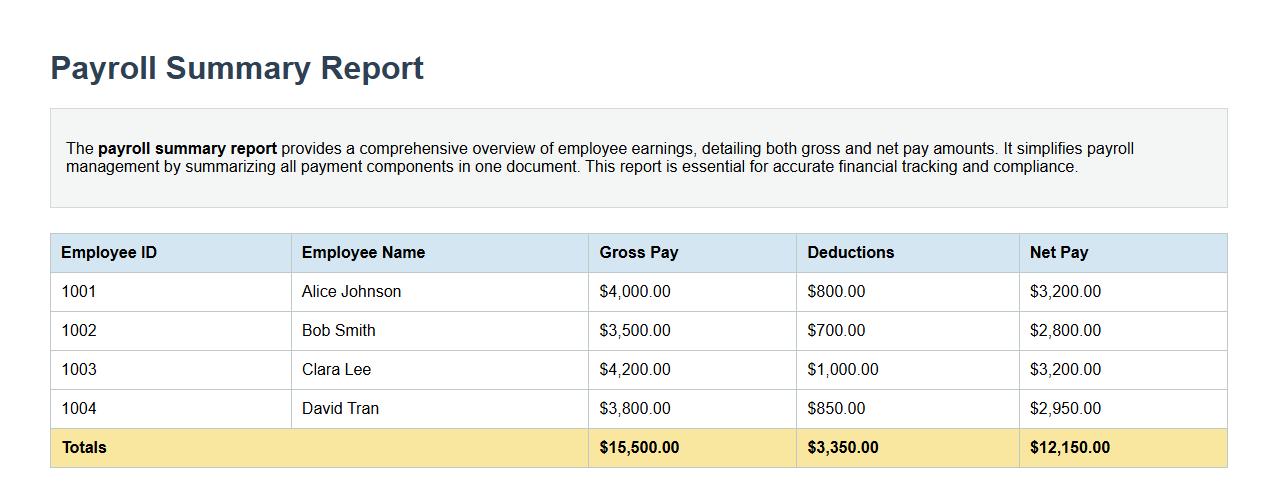 payroll summary report with gross and net pay image preview