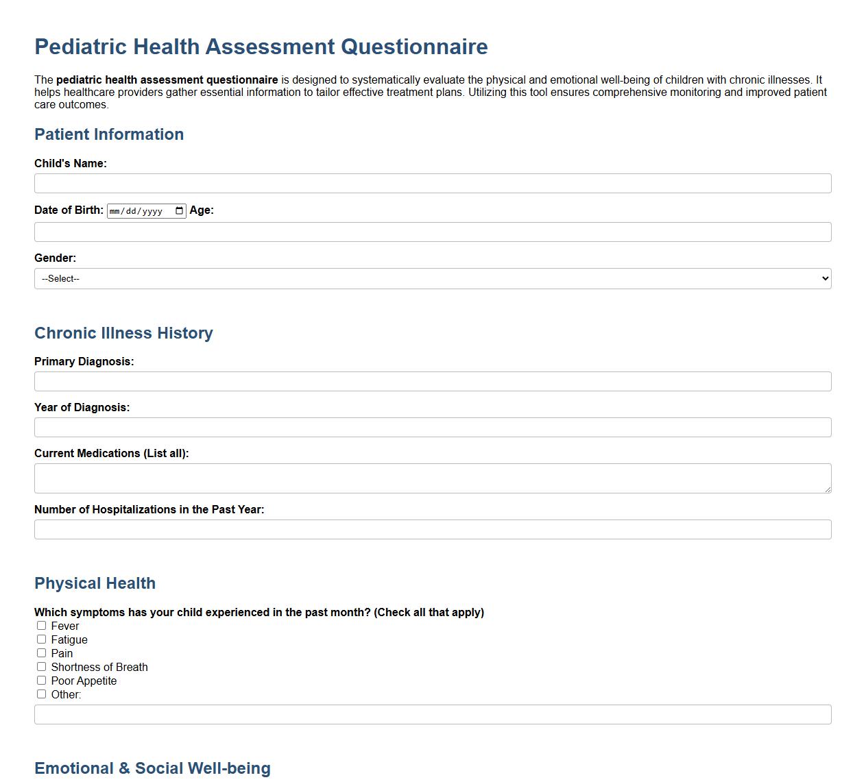 pediatric health assessment questionnaire for chronic illness image preview