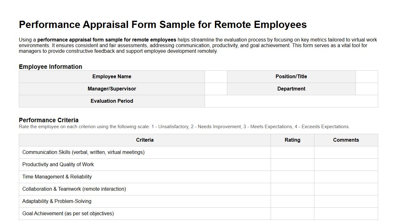 performance appraisal form sample for remote employees image preview