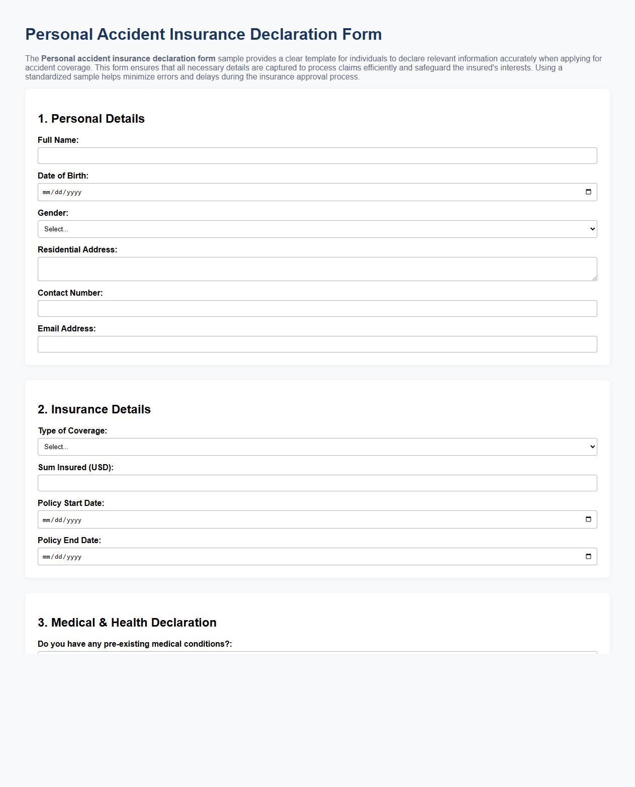 Personal accident insurance declaration form sample image preview