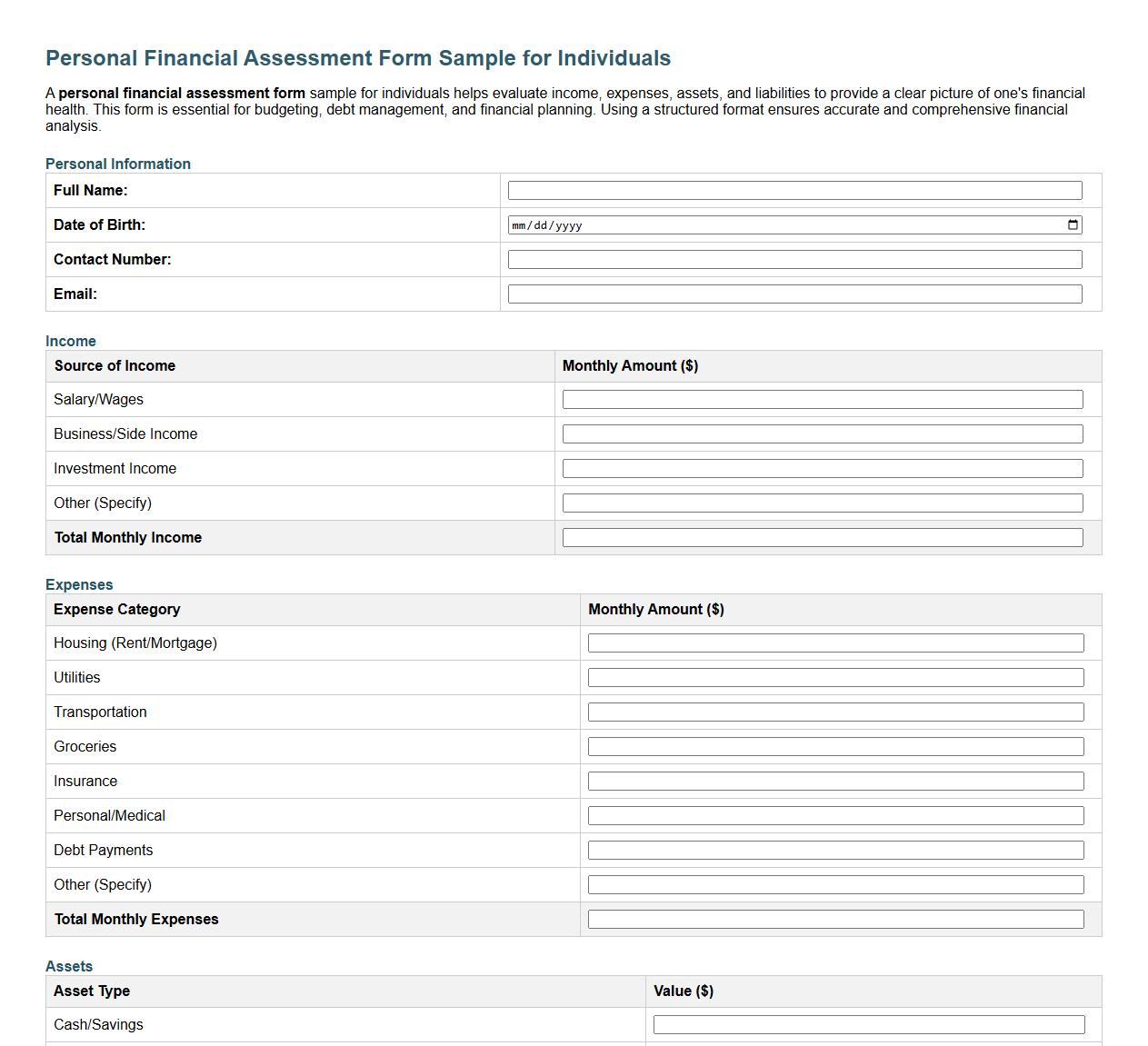 Personal financial assessment form sample for individuals image preview