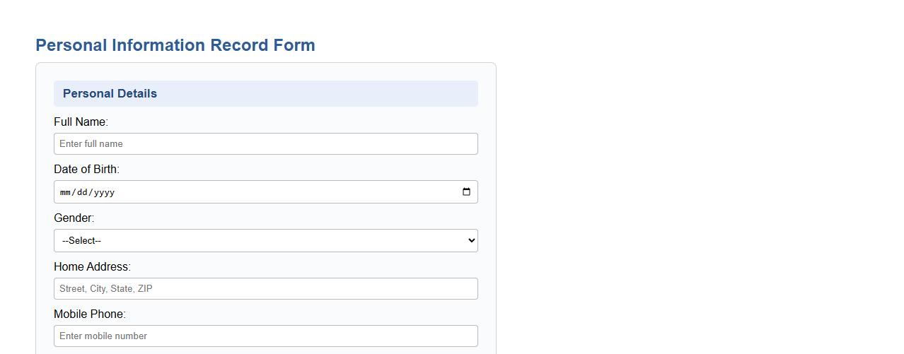 personal information record form sample with emergency contact image preview