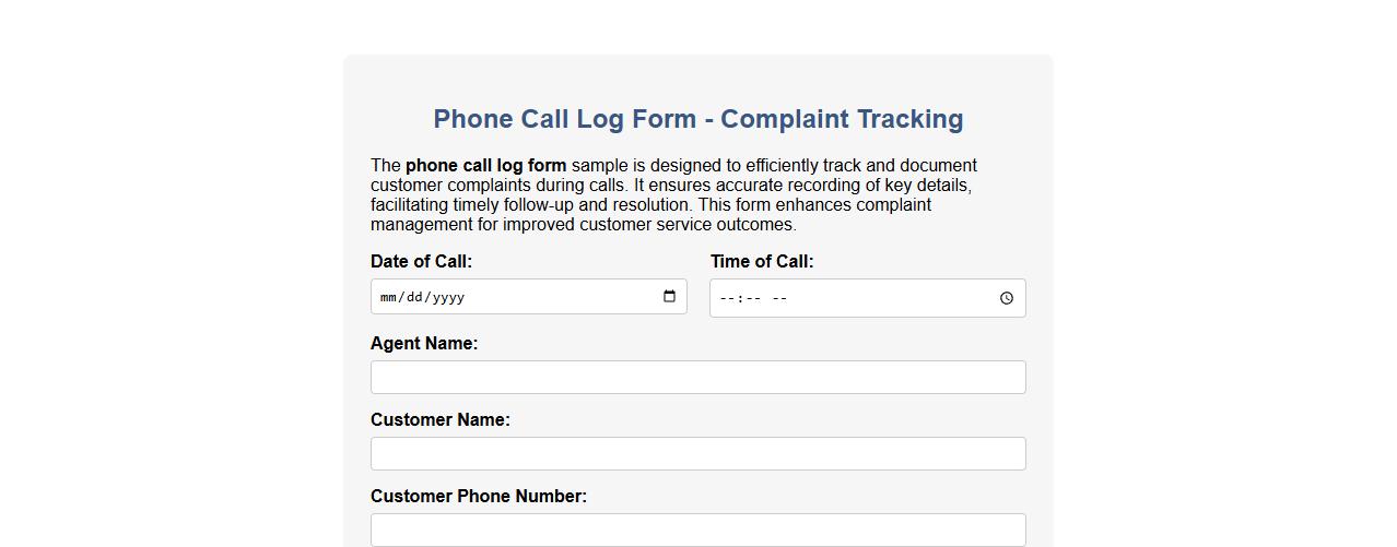 phone call log form sample for complaint tracking image preview