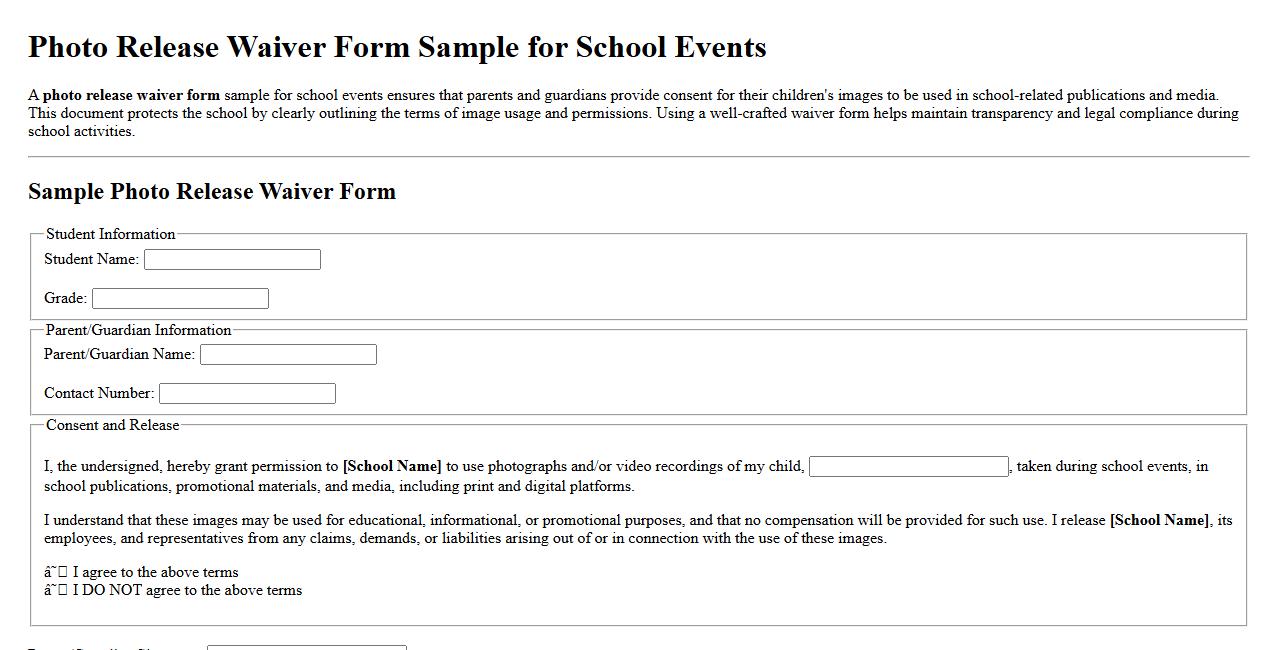 photo release waiver form sample for school events image preview