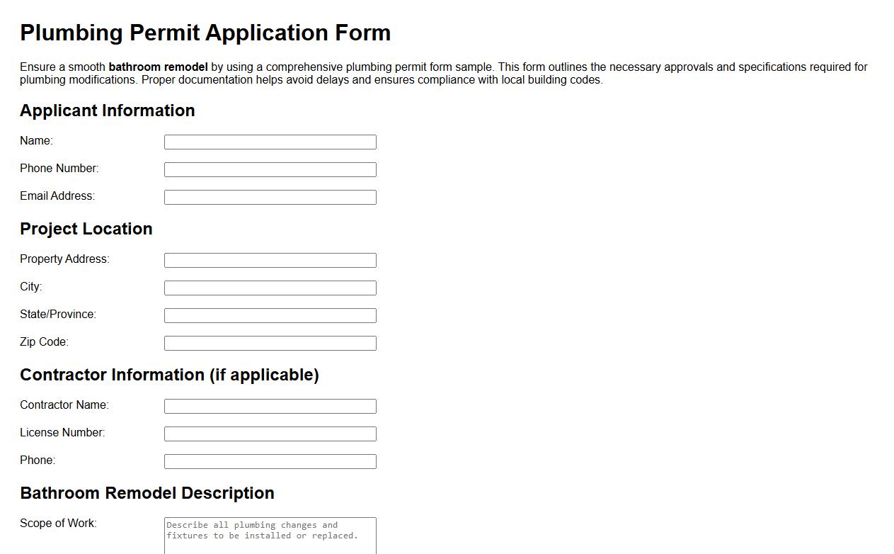 Plumbing permit form sample for bathroom remodel image preview