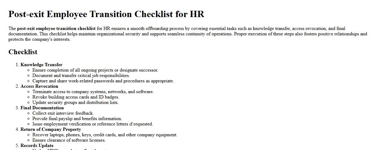Post-exit employee transition checklist for HR image preview