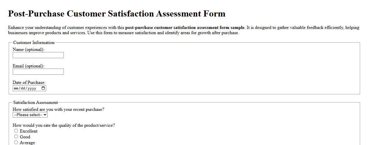 post-purchase customer satisfaction assessment form sample image preview