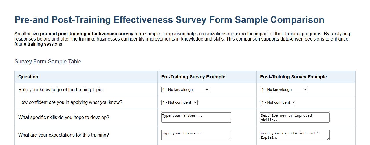 Pre-and post-training effectiveness survey form sample comparison image preview