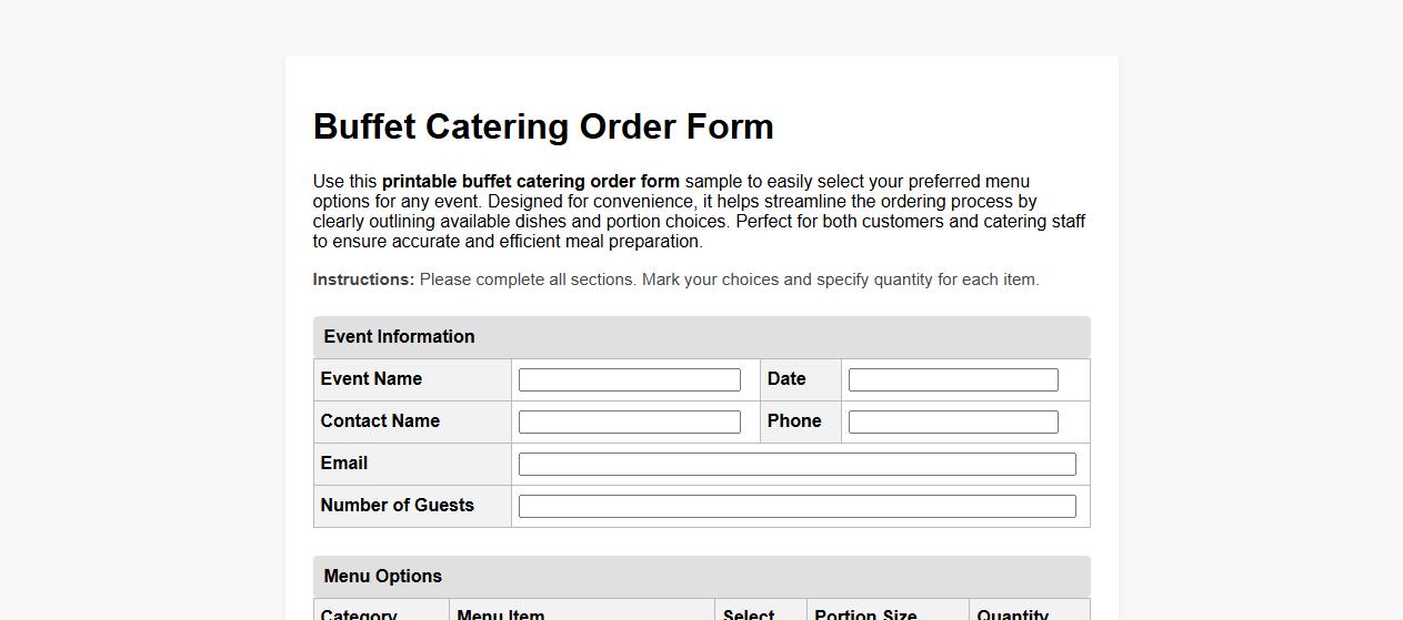 printable buffet catering order form sample with menu options image preview