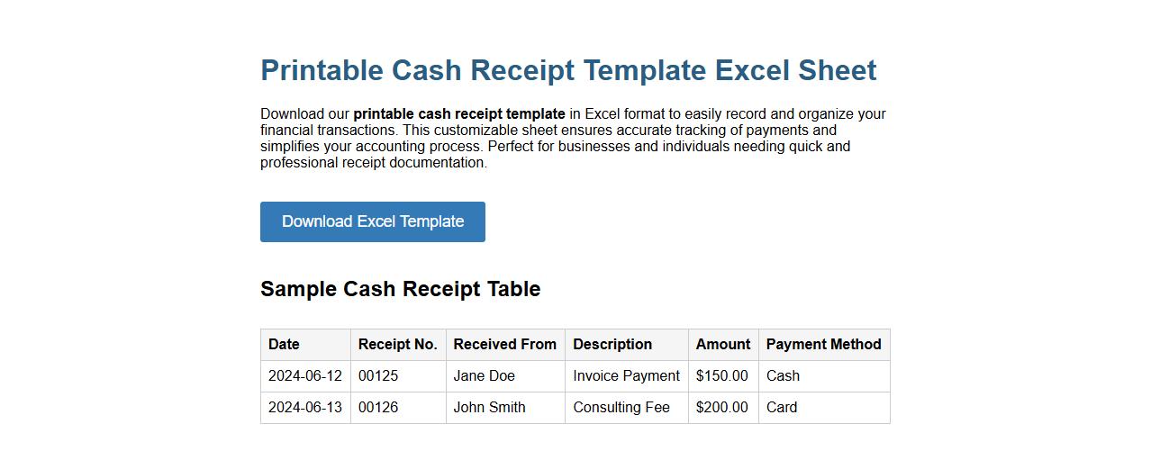 Printable cash receipt template Excel sheet image preview
