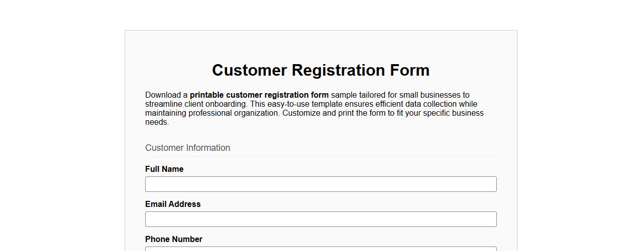 Printable customer registration form sample for small business image preview