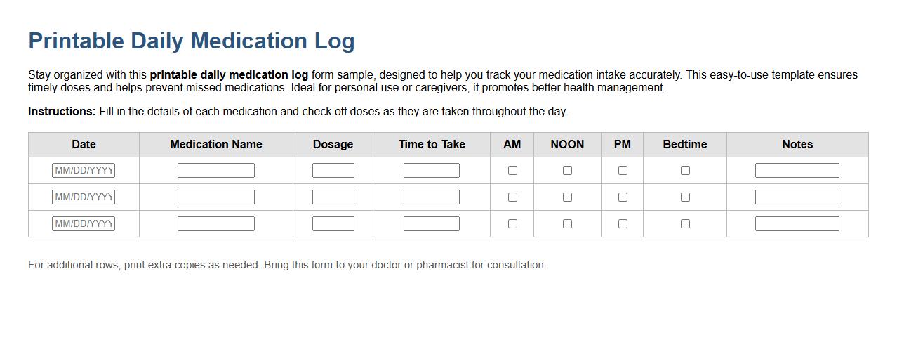 Printable daily medication log form sample image preview