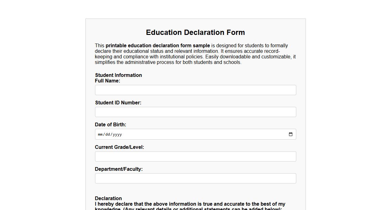 printable education declaration form sample for students image preview