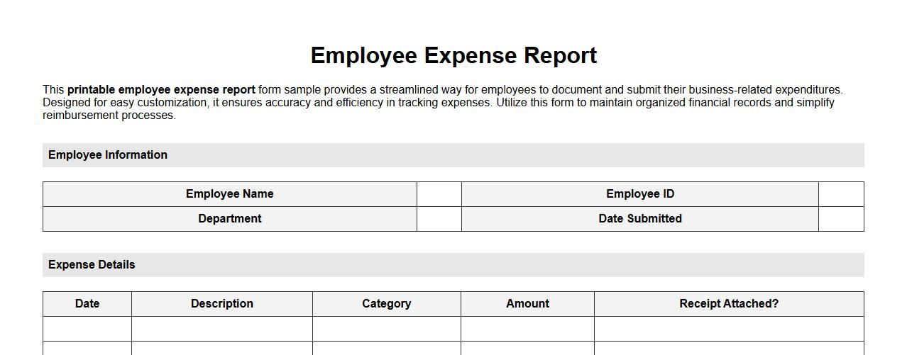 Printable employee expense report form sample image preview