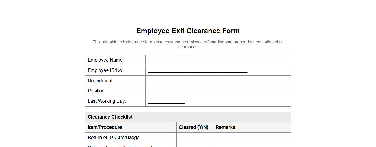 printable exit clearance form sample PDF image preview