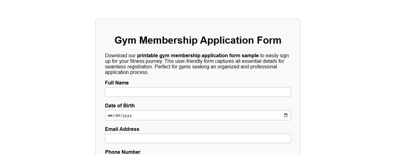 Printable gym membership application form sample image preview