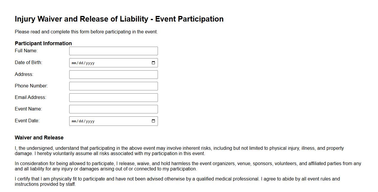 Printable injury waiver form sample for events image preview
