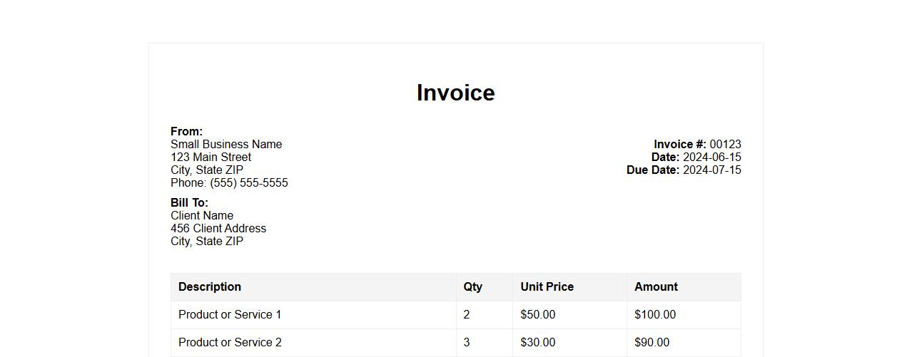 Printable invoice example for small business image preview