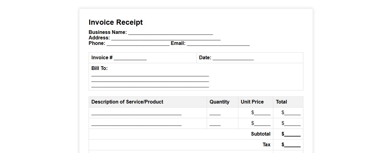 Printable invoice receipt form sample for small business image preview