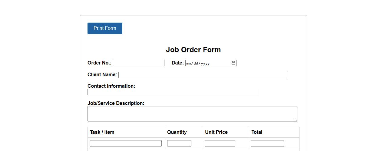 printable job order form sample for small business image preview