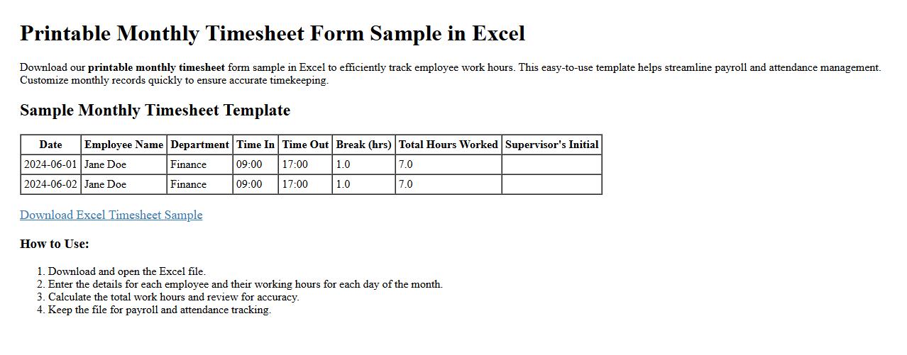 Printable monthly timesheet form sample in Excel image preview