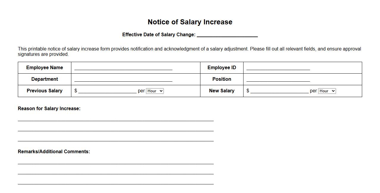printable notice of salary increase form sample with approval signature image preview