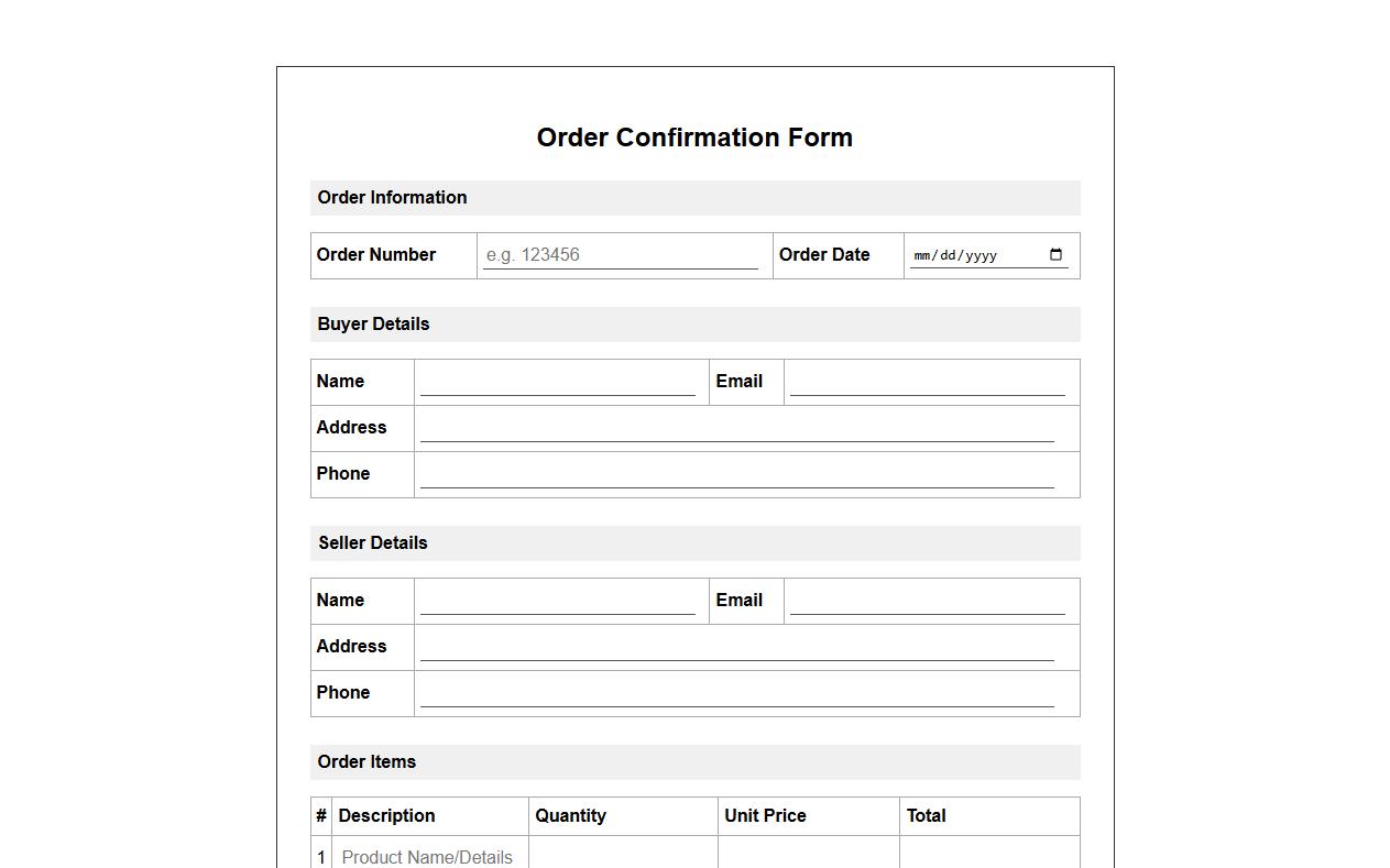 printable order confirmation form sample with payment details image preview