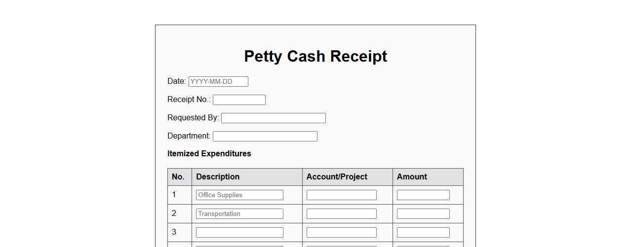 Printable petty cash receipt with itemized expenditures image preview
