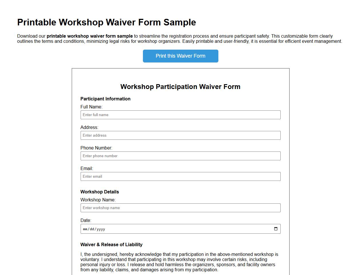 printable workshop waiver form sample image preview