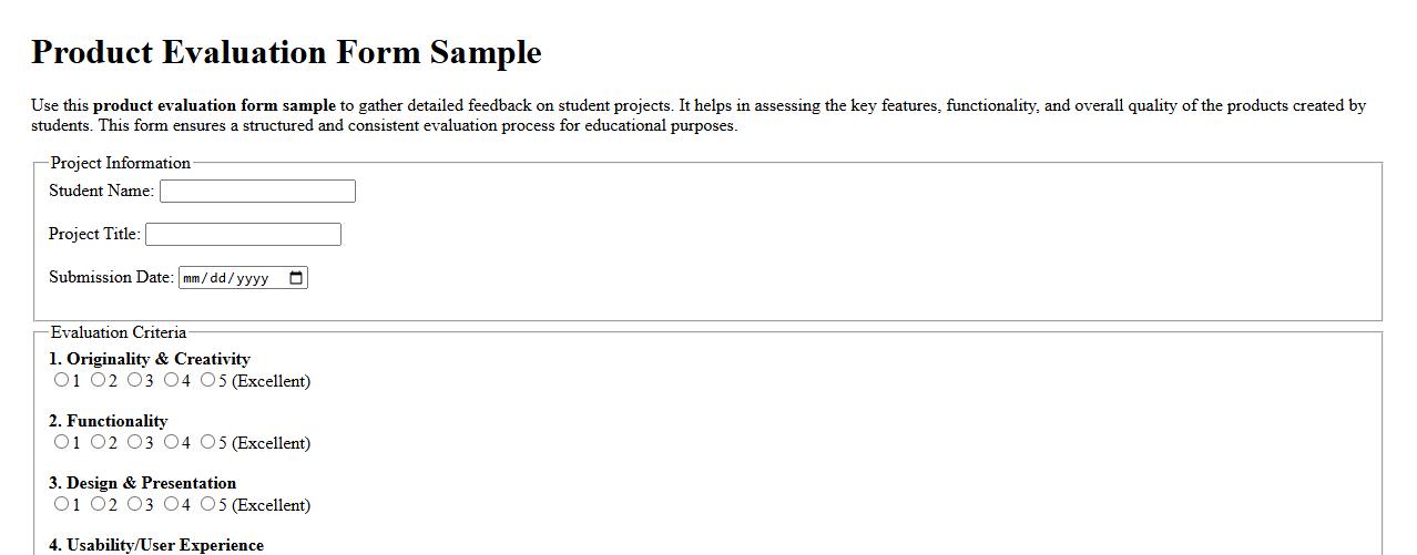 product evaluation form sample for student projects image preview