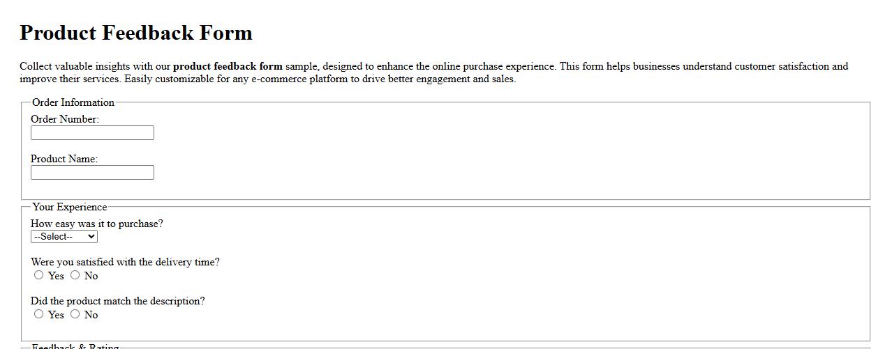 Product feedback form sample for online purchase experience image preview