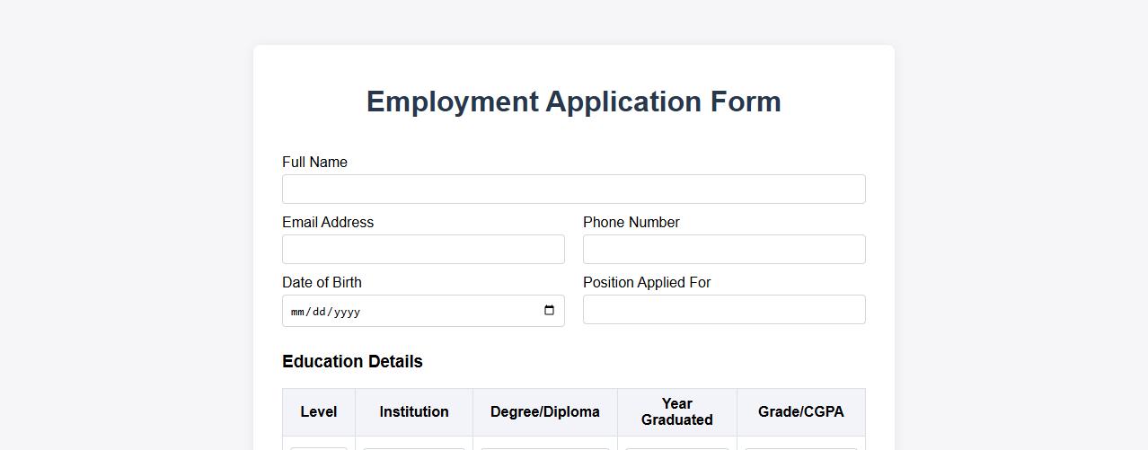 Professional employment application form sample with education details image preview