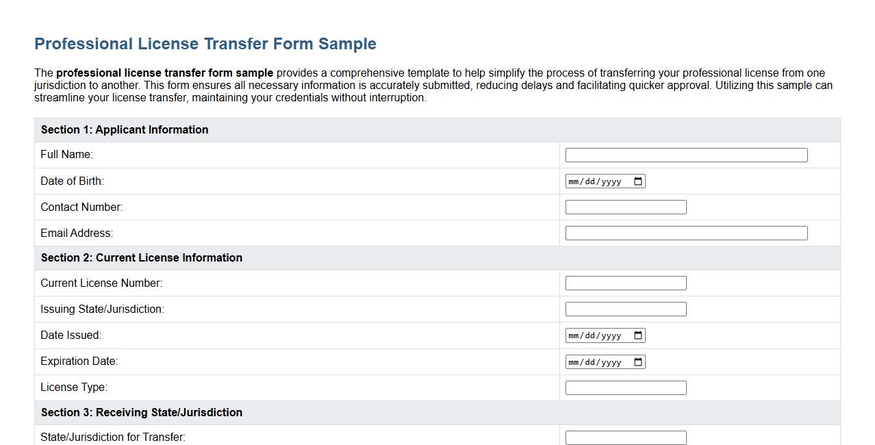 professional license transfer form sample image preview