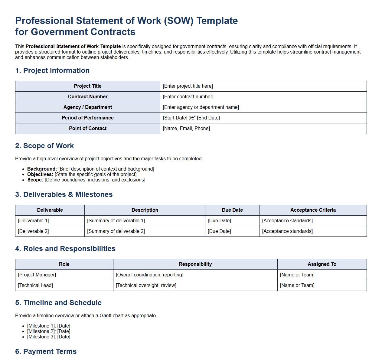 Professional statement of work template for government contracts image preview