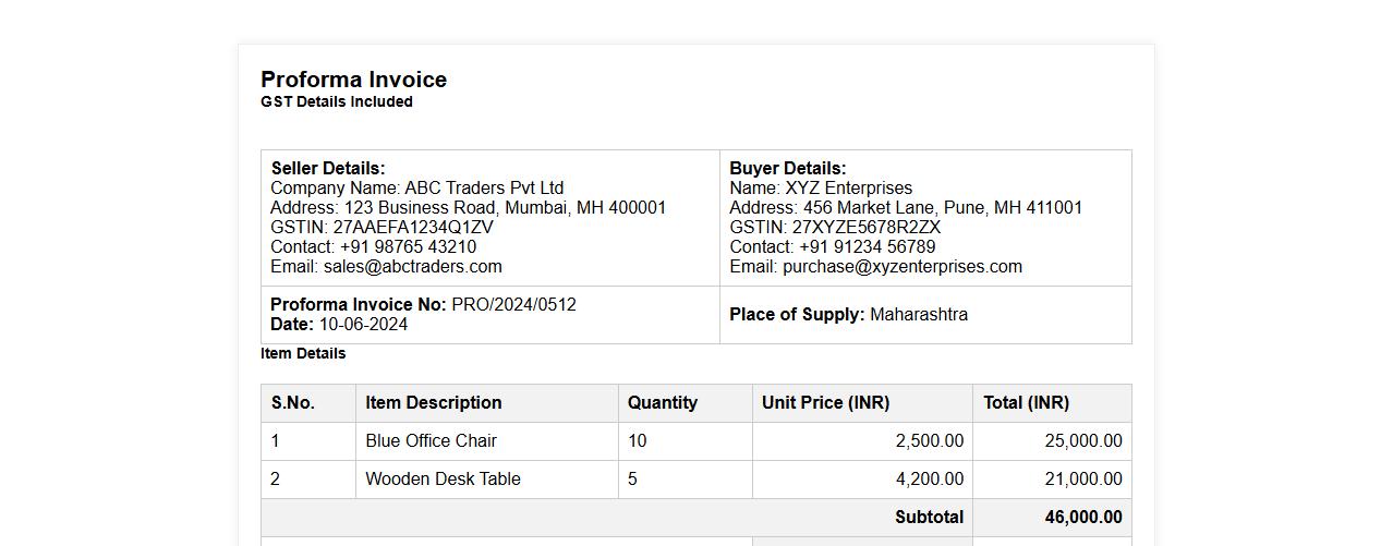 proforma invoice form sample with gst details image preview