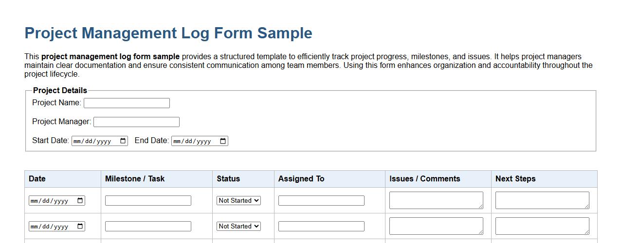 Project management log form sample image preview