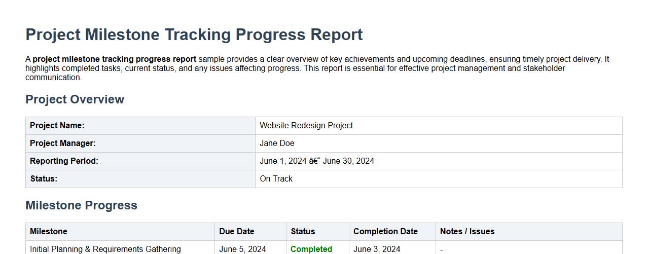 project milestone tracking progress report sample image preview